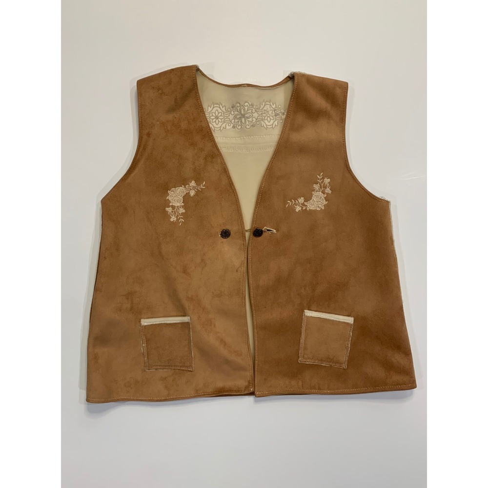 Handmade Suede Vest Women Tan Brown Floral Embroidery Western Boho Vintage Style